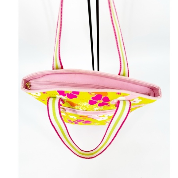 Lilly Pulitzer Vintage Pink/Lime Green Floral Flipflop Print Canvas Tote Bag - Picture 2 of 12